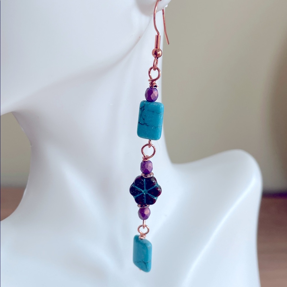 HAND CRAFTED TURQUOISE AND CZECH GLASS EARRINGS Copper Turquoise Purple Dangles